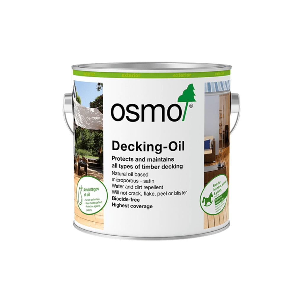 Osmo Decking-Oil can with green logo and text describing timber decking protection and durability features on a white label.