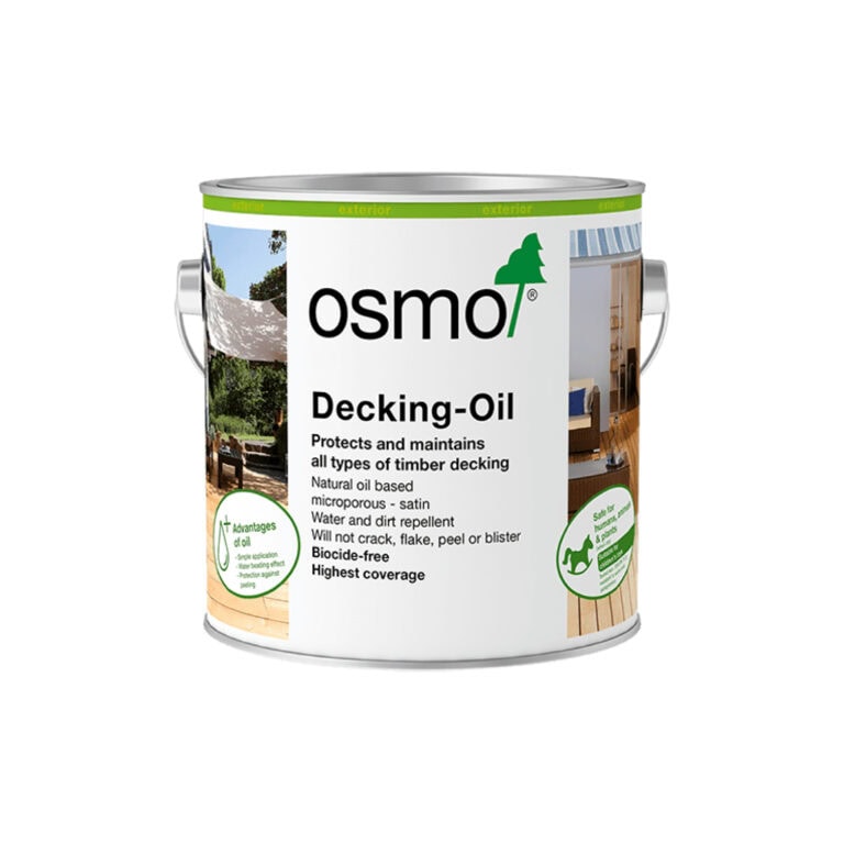 Osmo Decking-Oil can with green logo and text describing timber decking protection and durability features on a white label.