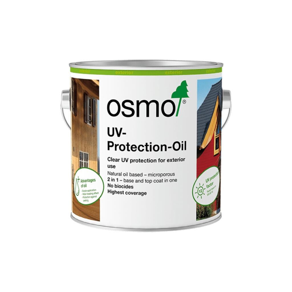 Osmo UV-Protection-Oil exterior wood finish can with photos of wood siding and a roofed building on the label.