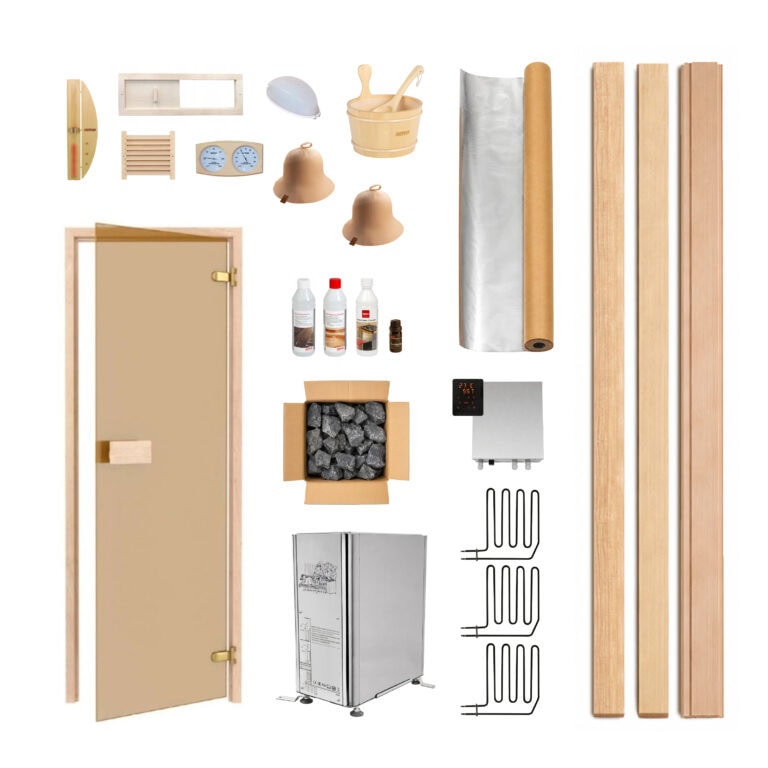 Collage of sauna gear: door, wood panels, heater with rocks, bucket and ladle, thermometer, hygrometer, insulation rolls.