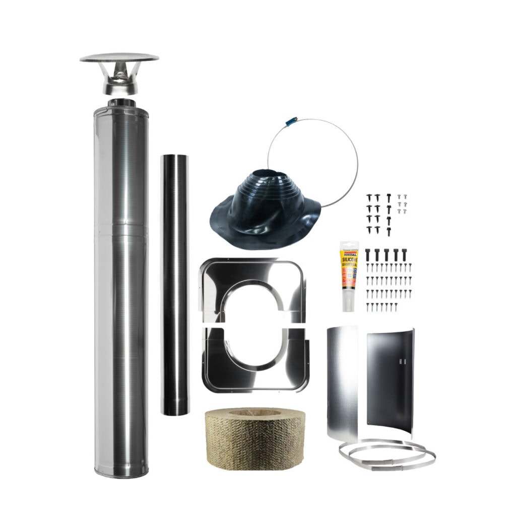 A collage of chimney/vent installation parts: stainless flue pipe, vent cap, flashing ring, mounting bracket, screws, sealant tube, tape, and duct pieces.