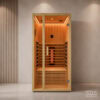 Interior view of a wooden sauna with a glass door, warm orange lighting, and two-tier benches inside.
