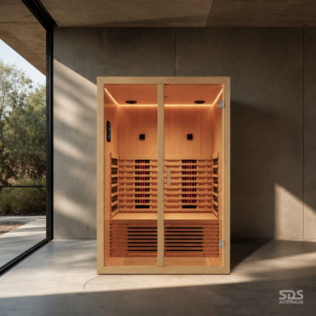 Wooden indoor sauna with glass door in a modern concrete-walled room, warm lighting, and built-in benches. (SDS Australia logo)