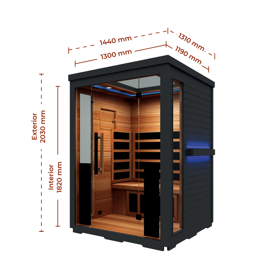 Outdoor sauna pod with glass door; dimensions shown: exterior height 2030 mm, interior height 1820 mm, width 1300–1460 mm, depth 1190–1310 mm.