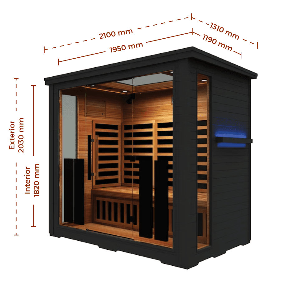 Outdoor sauna cabin with glass door and wooden interior; dimension arrows show exterior height 2030 mm and interior height 1820 mm.