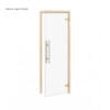 Glass door with a natural aspen wooden frame and metal hardware (handle and hinges).