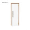 Glass door with a wooden frame and metal handle, shown slightly open against a white background (Thermo Aspen frame)