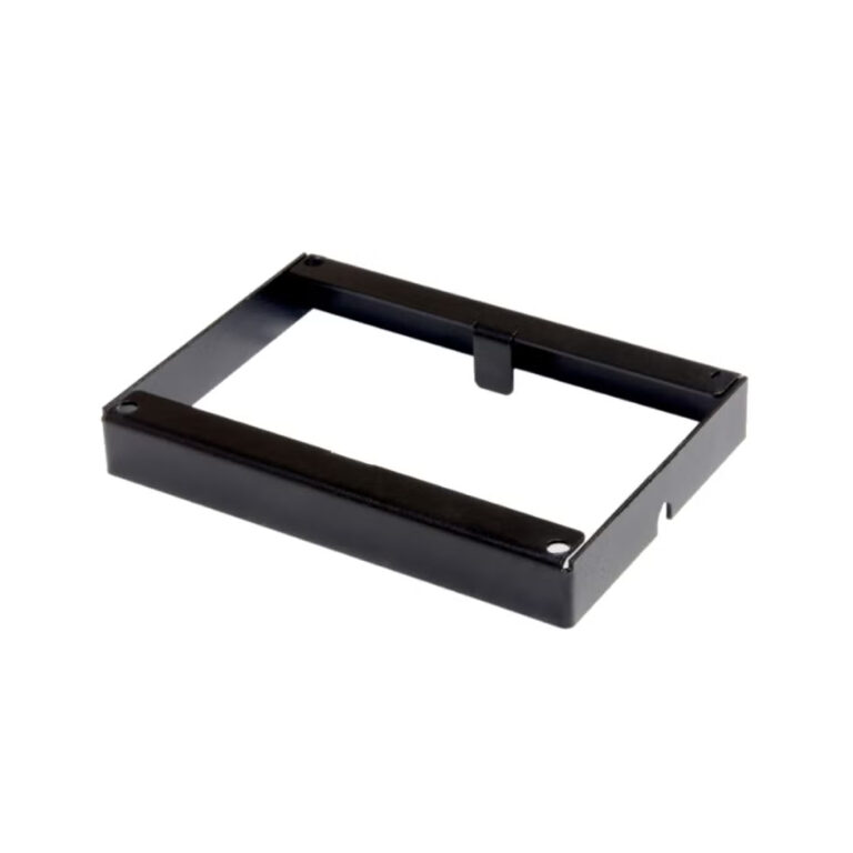 Close-up of a black metal monitor arm bracket with a corner joint and clamp, viewed from an oblique angle