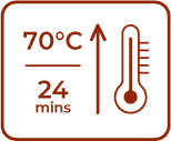 Display showing 70°C with up arrow, thermometer icon, and 24 minutes remaining.