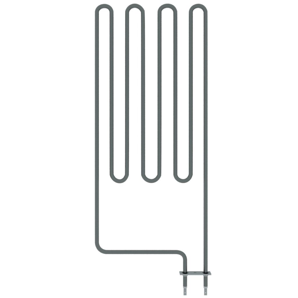 Four-tube U-shaped electric heating element with mounting bracket and terminal connections.