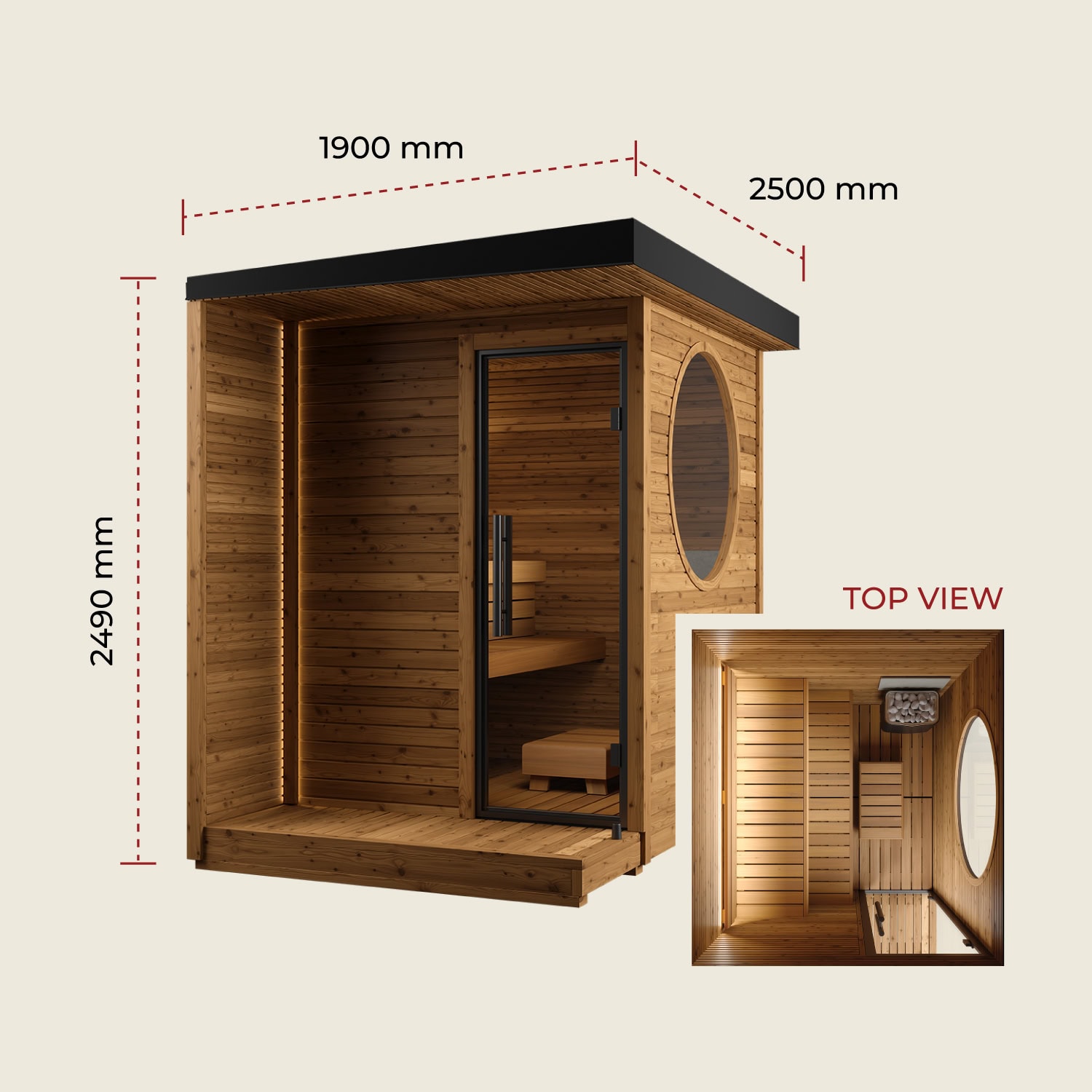 Top-view and perspective of a wooden sauna cabin with exterior dimensions: 1900 mm by 2500 mm; height 2490 mm, showing door, bench, and rounded window.