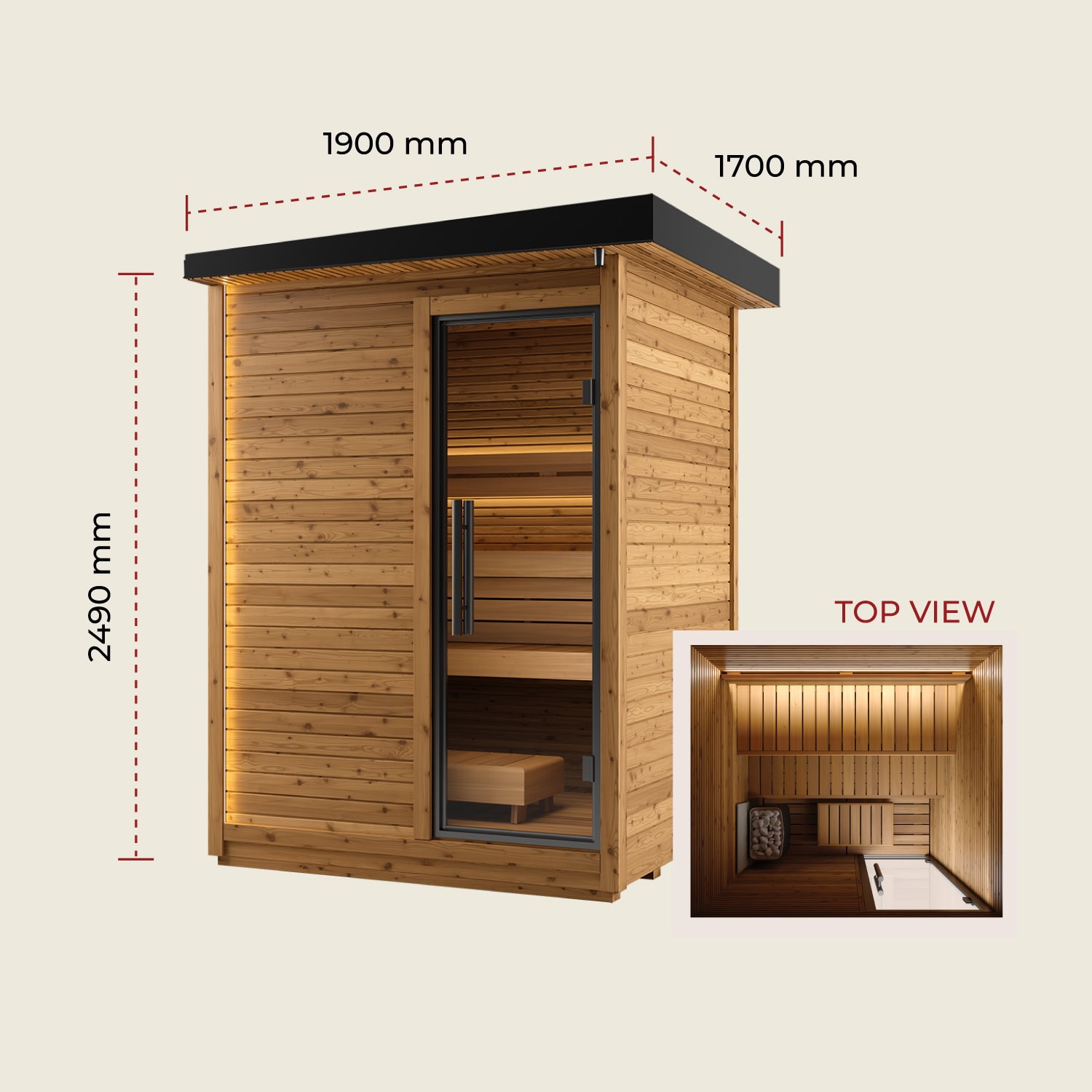 Wooden sauna cabin with a glass door, warm interior benches, and dimension labels (1900 mm, 1700 mm, 2490 mm); includes a top-view inset.