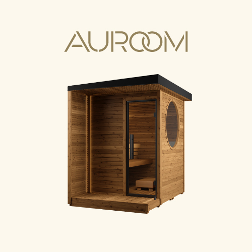 AURoom logo above a wooden sauna cabin with a circular window, open door revealing an interior bench.