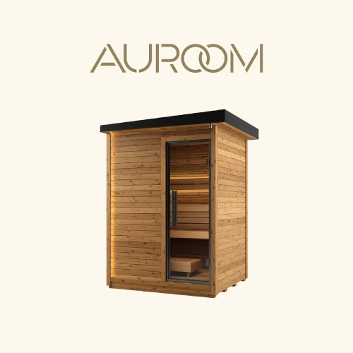 Wooden outdoor sauna cabin with a glass door, warm interior benches, and a black roof; AUROOM logo above.