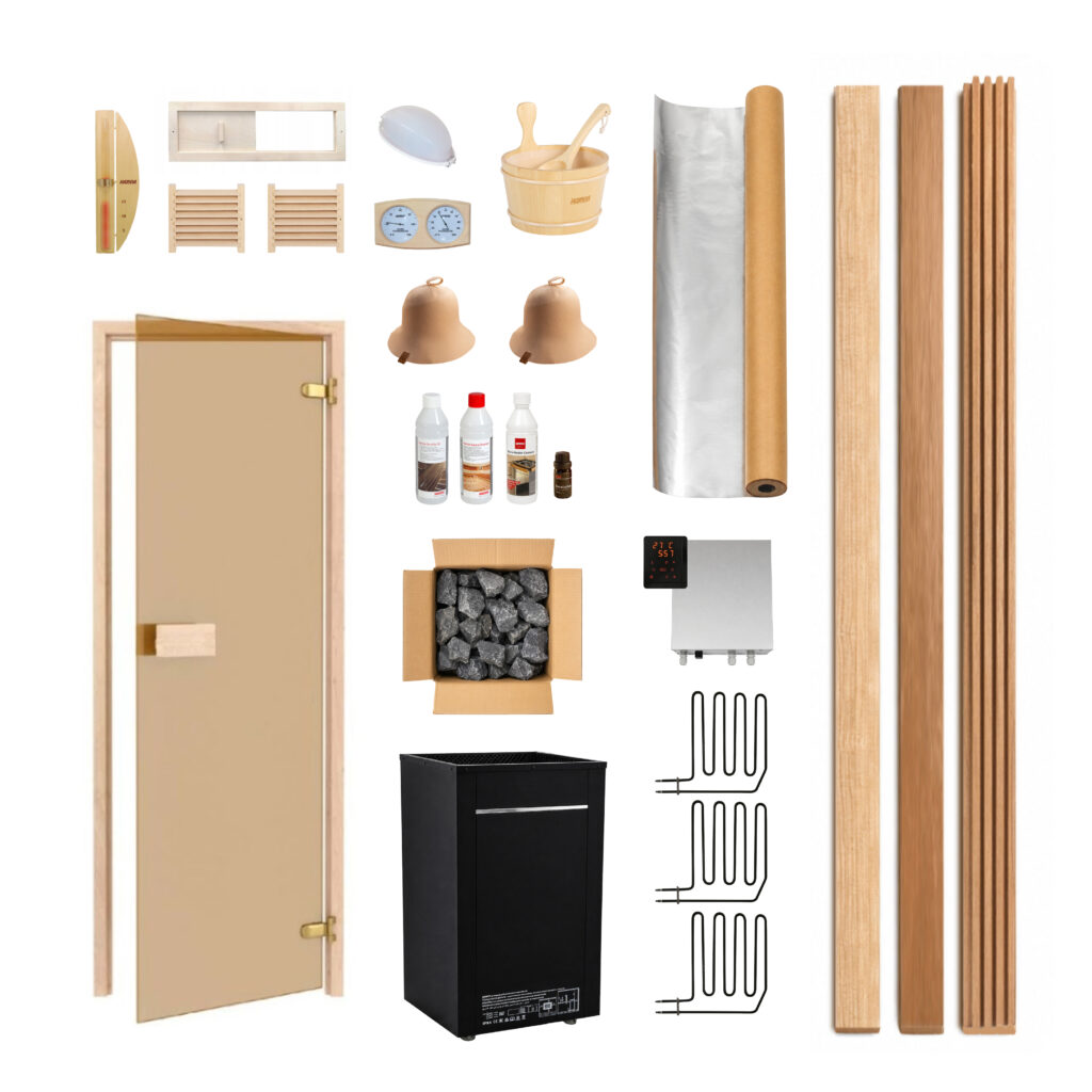 A collage of sauna accessories including a wooden door, panels, heater with stones, bucket and ladle, and rolls of insulation and wood slats.