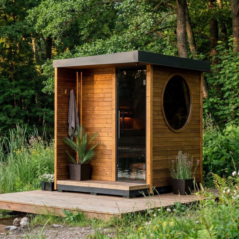 Wooden garden sauna with a round window and glass door on a raised deck among lush greenery.