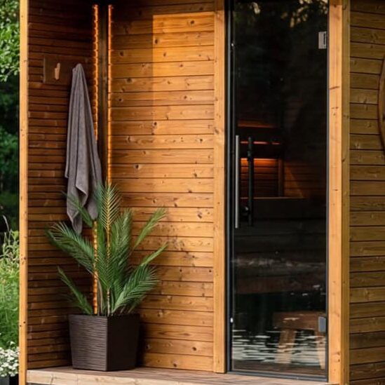 Wooden garden sauna with a round window and glass door on a raised deck among lush greenery.