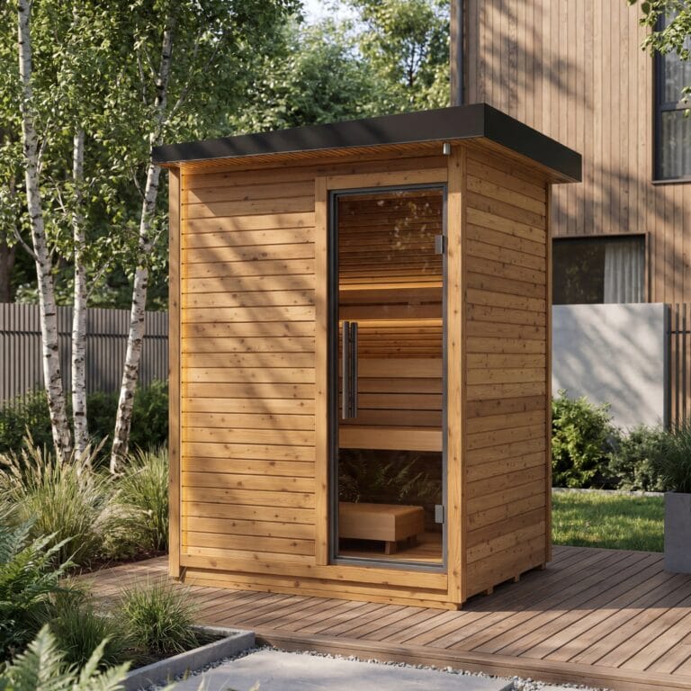 Small wooden garden shed on a raised deck, with glass door and surrounding greenery including birch trees and ornamental grasses in a landscaped yard.