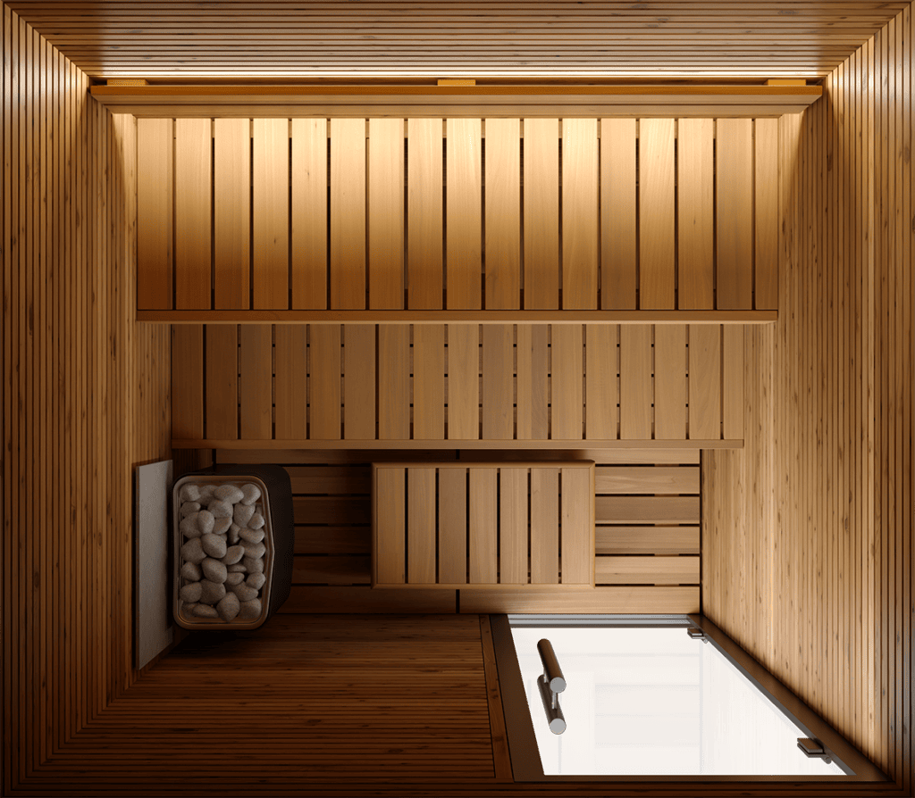 Wood-paneled sauna interior with two-level benches, a heater with stones on the left, and a wooden door with a metal handle on the right.